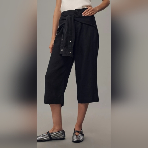 By Anthropologie Women's Linen Shirt-Tie Capri Pants, Black - Picture 1 of 13